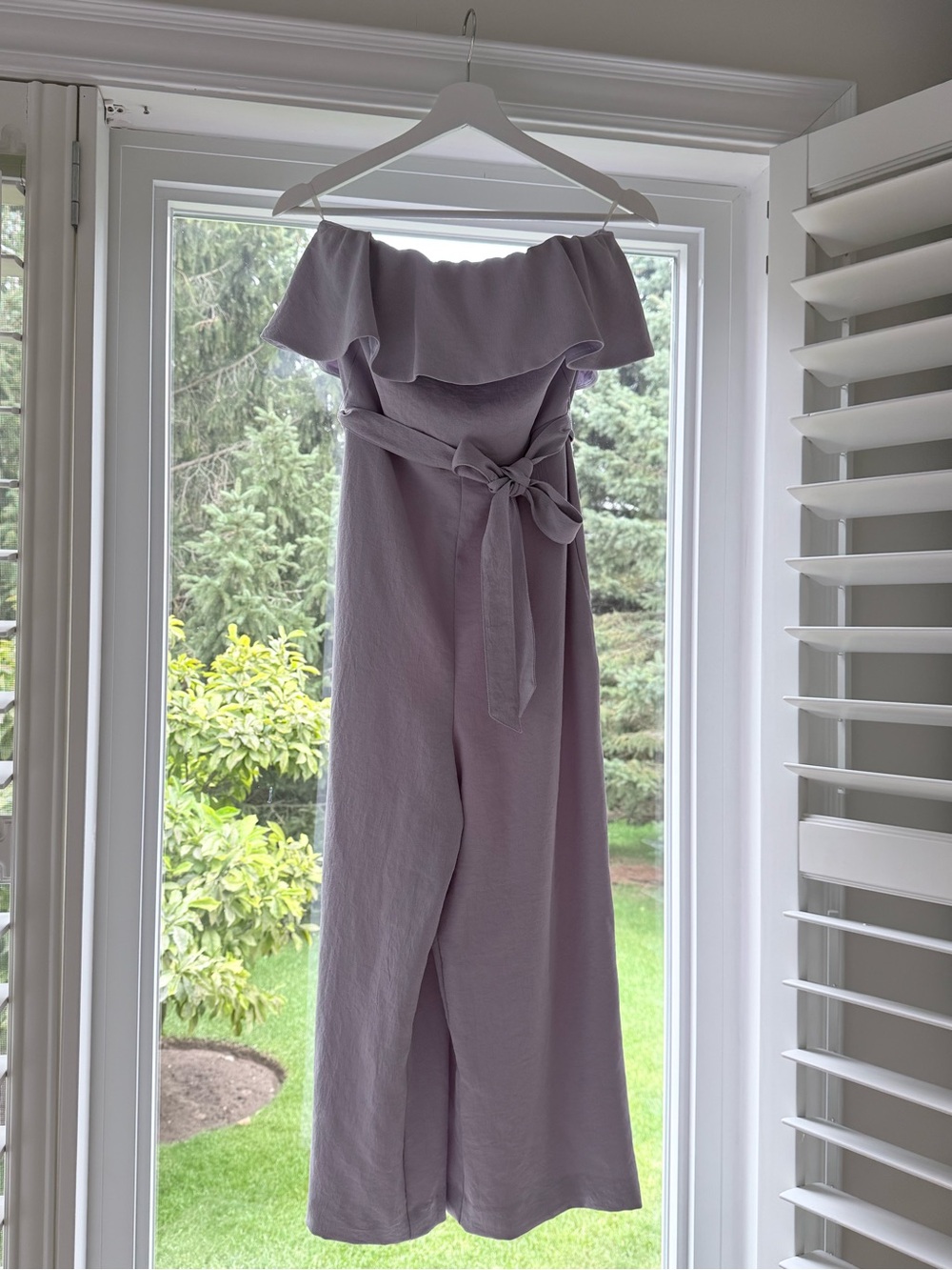 Aritzia Barbaton Off-Shoulder Lavender Jumpsuit with Waist Tie